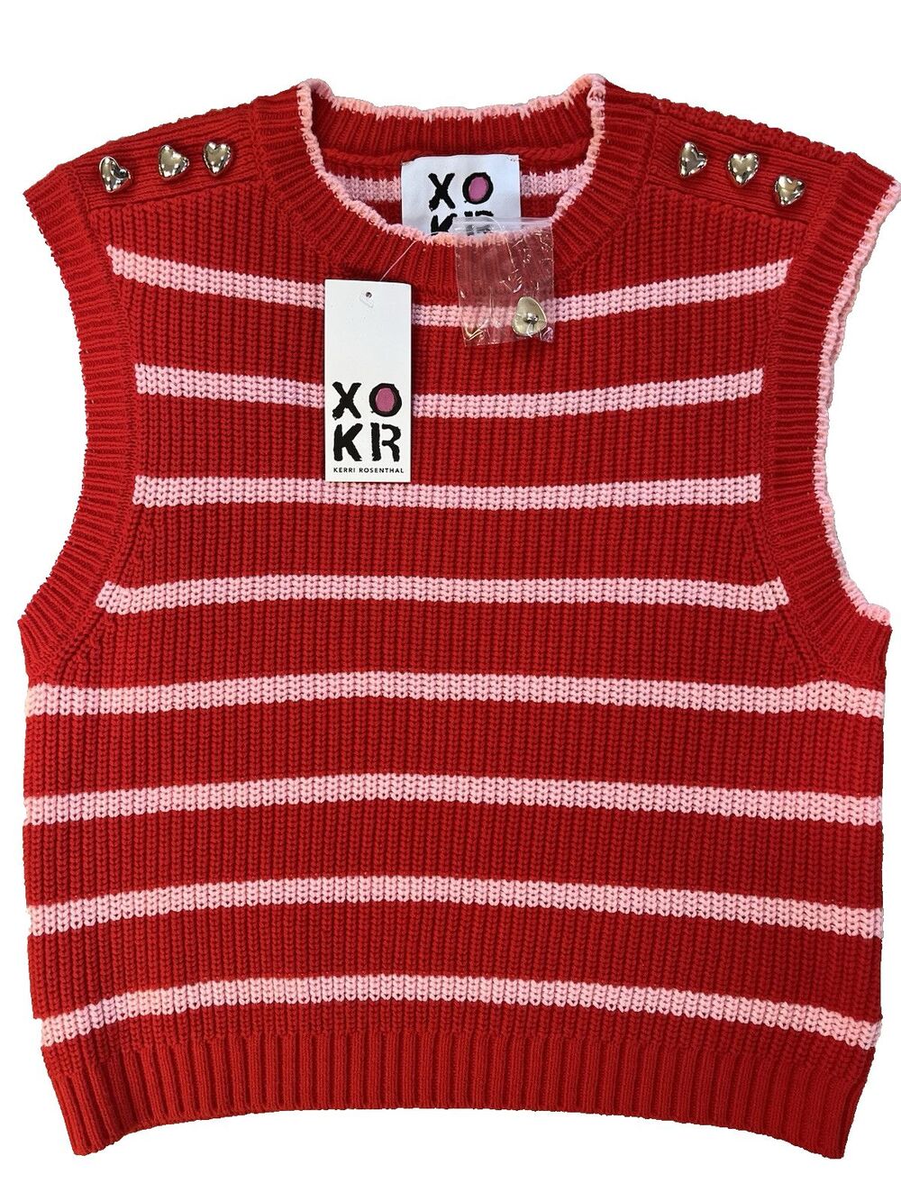 Kerri Rosenthal womens Red & Pink Stripe Heart Applique Sweater Vest size Small